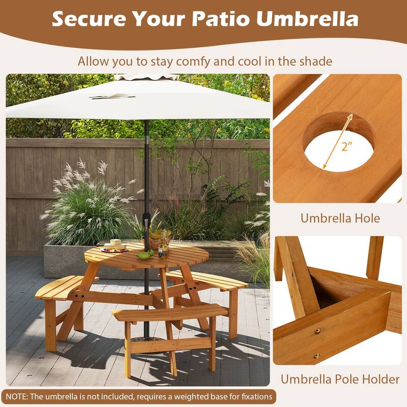 Gymax 6-Person Round Picnic Table Set w/ 3 Built-in Benches 2''