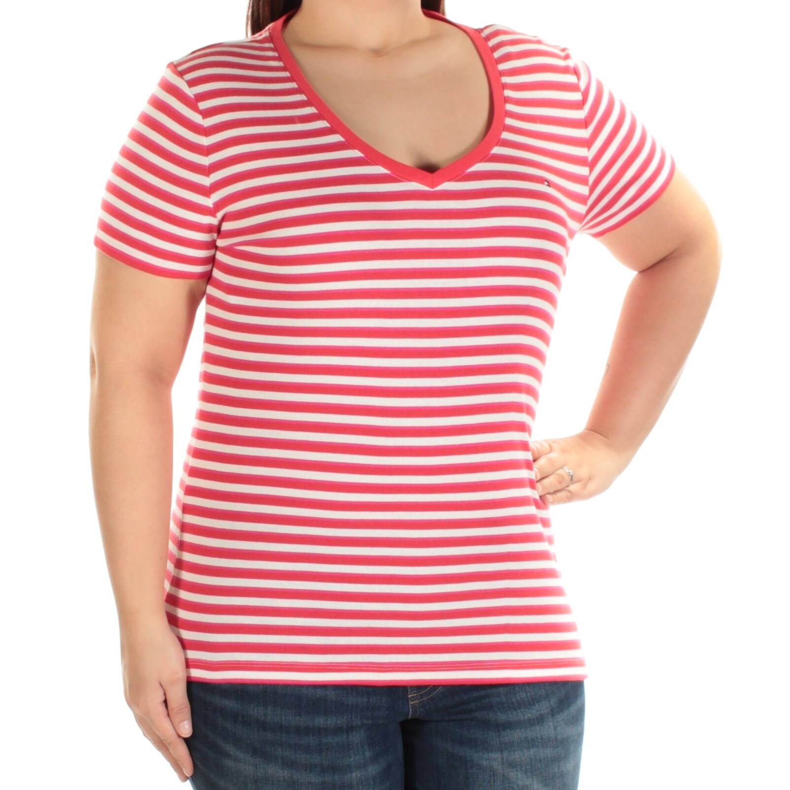 Shop Womens Red White Striped Short Sleeve V Neck Top Size Xl