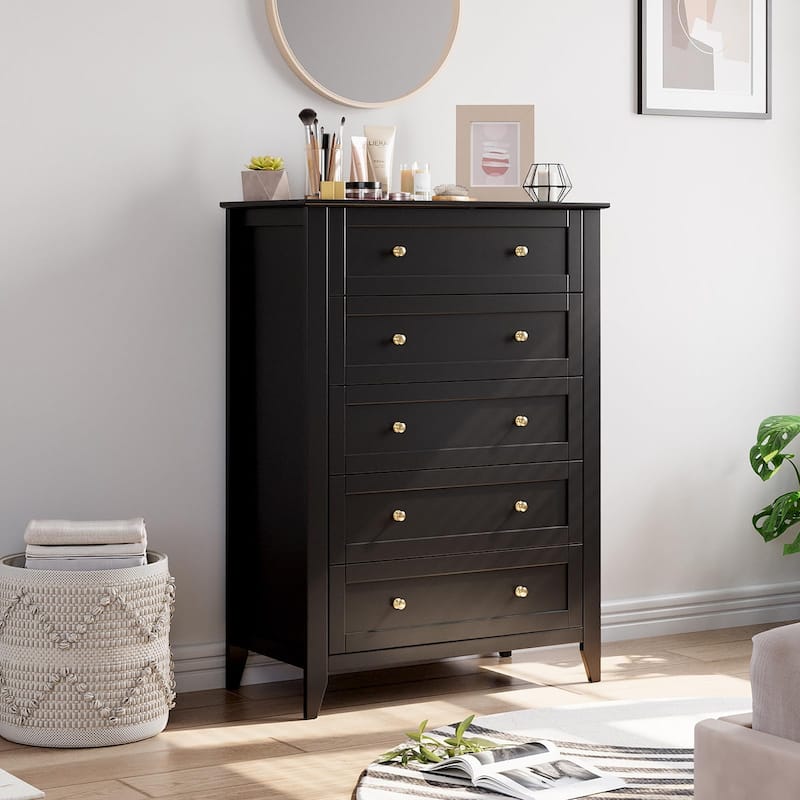 White 5 Chest of Drawer Dresser, Modern Tall Nightstand with Deep Drawers and Nickel Round Handle