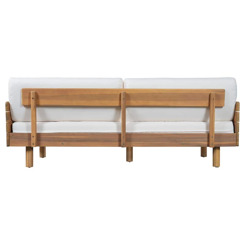 Christopher Knight Home - Mid-Century Acacia Wood Outdoor 3-Seater Patio Sofa with Water-Resistant Cushions and Bolster Pillows