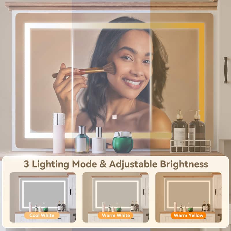 Moasis Farmhouse Vanity Makeup Desk with Adjustable Lighted Mirror Charging Station Vanity Desk with Stool