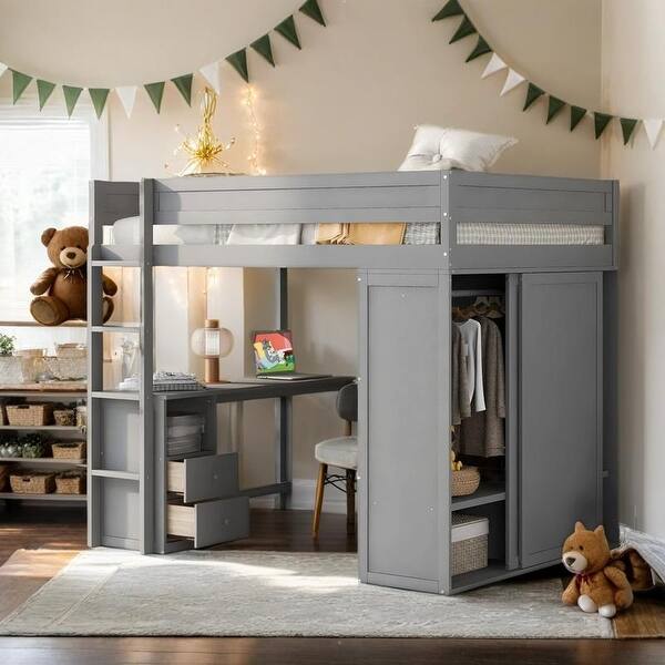 slide 2 of 37, Wood Full Loft Bed with Wardrobes and 2-Drawer Desk with Cabinet, Gray Grey