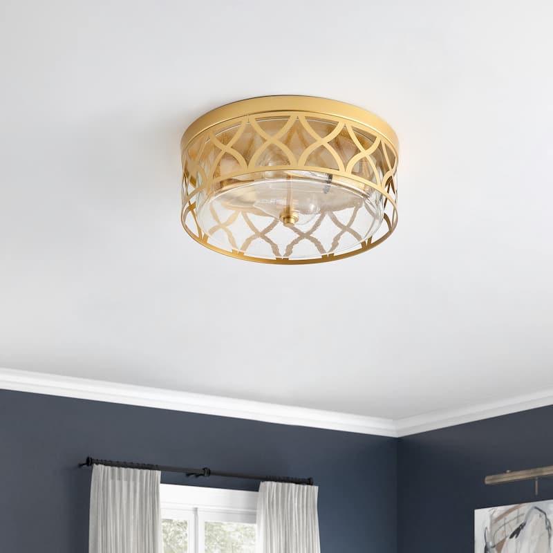 Modern Gold 2-Light Flush Mount Ceiling Light Fixture with Clear Seeded Glass
