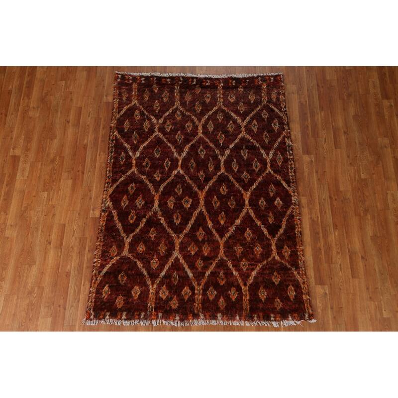 Hand Knotted Oriental 100% Wool Carpet Modern Tribal Red Moroccan Area Rug - 6' 5'' X 4' 8''