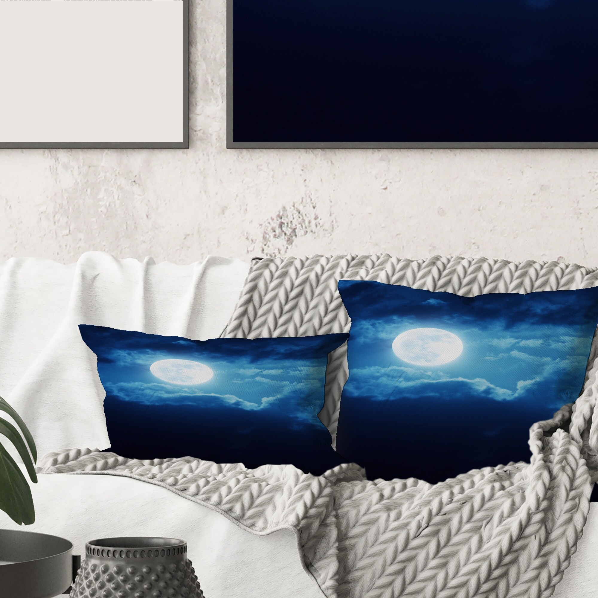 Designart Full Moon In Cloudy Night Sky III Nautical Coastal Printed Throw Pillow 16 x 16