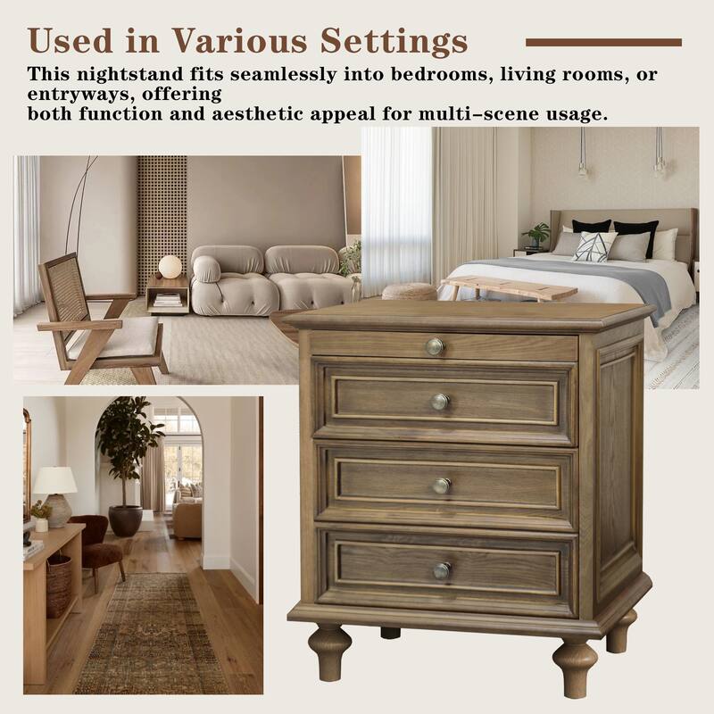 Nightstands Set of 2 with 4 Drawer,Wood Storage End Table with Hidden Pull-Out Shelf, 4 Solid Wood Feet and Metal Handle