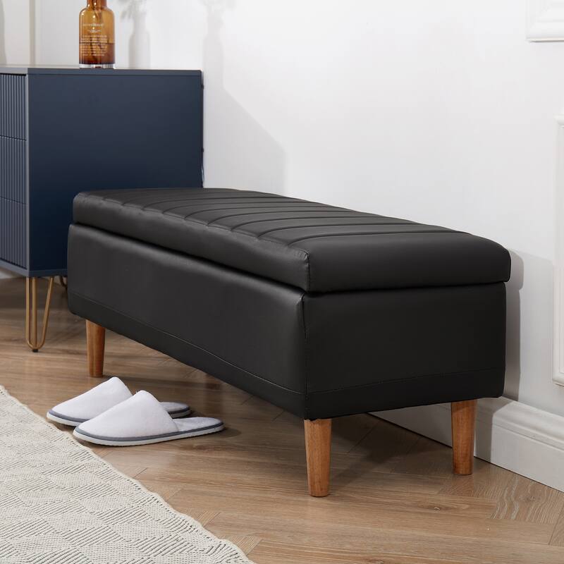 Javlergo Black Striped PU Leather Storage Bench with Lift Top Wooden Legs & 1.6" Cushion Multi-Functional for Bedroom Entryway
