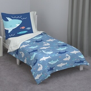 Everything Kids Navy and Light Blue Shark 4 Piece Toddler Bed Set