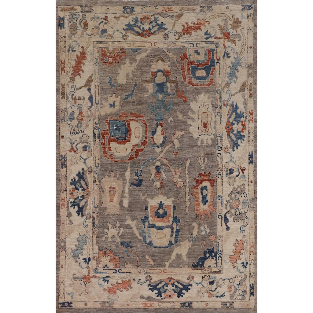 Vegetable Dye Grey Oushak Turkish Area Rug Handmade Floral Wool Carpet - 5'4"x 7'8"