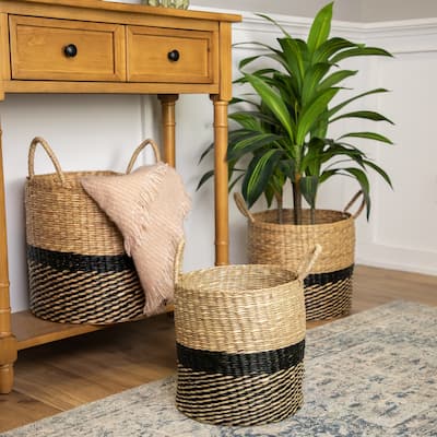 Set of 3 Black Beige Woven Table Floor Cylindrical Seagrass Baskets