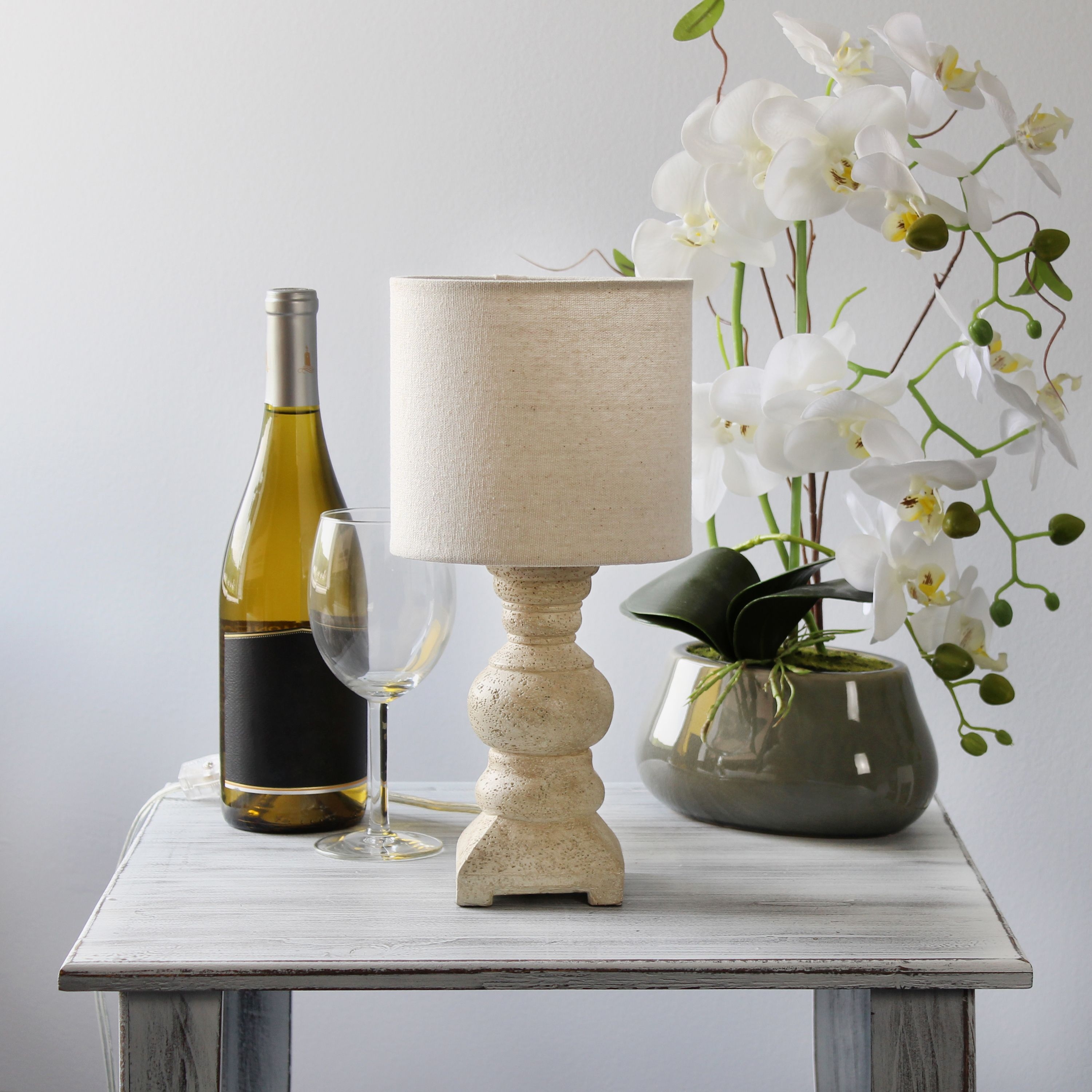 12.5 Country Farmhouse Petite Textured Column Table Desk Lamp with Drum Fabric Shade for Bedroom 6 x H 5.5 Weathered Beige