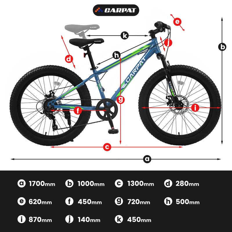 Fat Tire Mountain Bike - Shimano 7 Speeds, Dual Disc Brake, High-Carbon Steel Frame, Front Suspension, Adult/Youth - 24