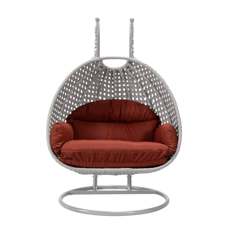 Mendoza 2-Person Hanging Egg Swing Chair with Iron Metal Stand Handcrafter Grey Wicker Hammocks for Outdoor Patio or Indoor Use
