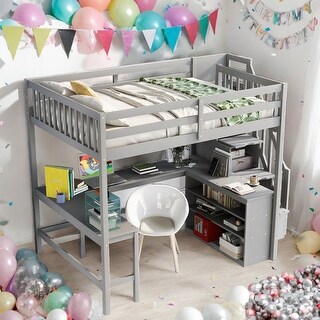 White Full Size Loft Bed with Built-in L-Shaped Desk and 3-Tier Storage Shelves