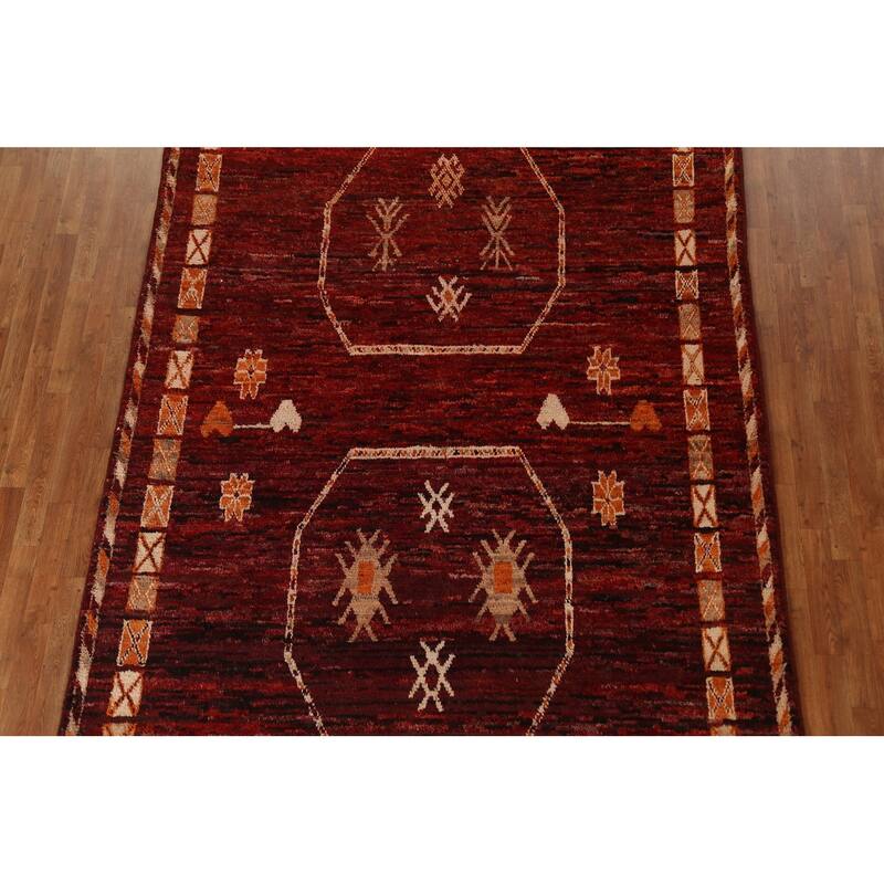 Hand Knotted Oriental 100% Wool Carpet Modern Tribal Red Moroccan Area Rug - 9' 10'' X 7' 0''