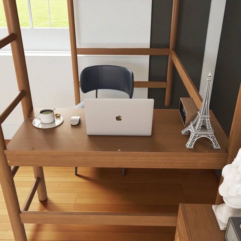 Twin Size Loft Bed with Built-in Desk and Boucle Upholstered Headboard, Solid Rubber Wood Loft Bed with Ladder and Guardrails