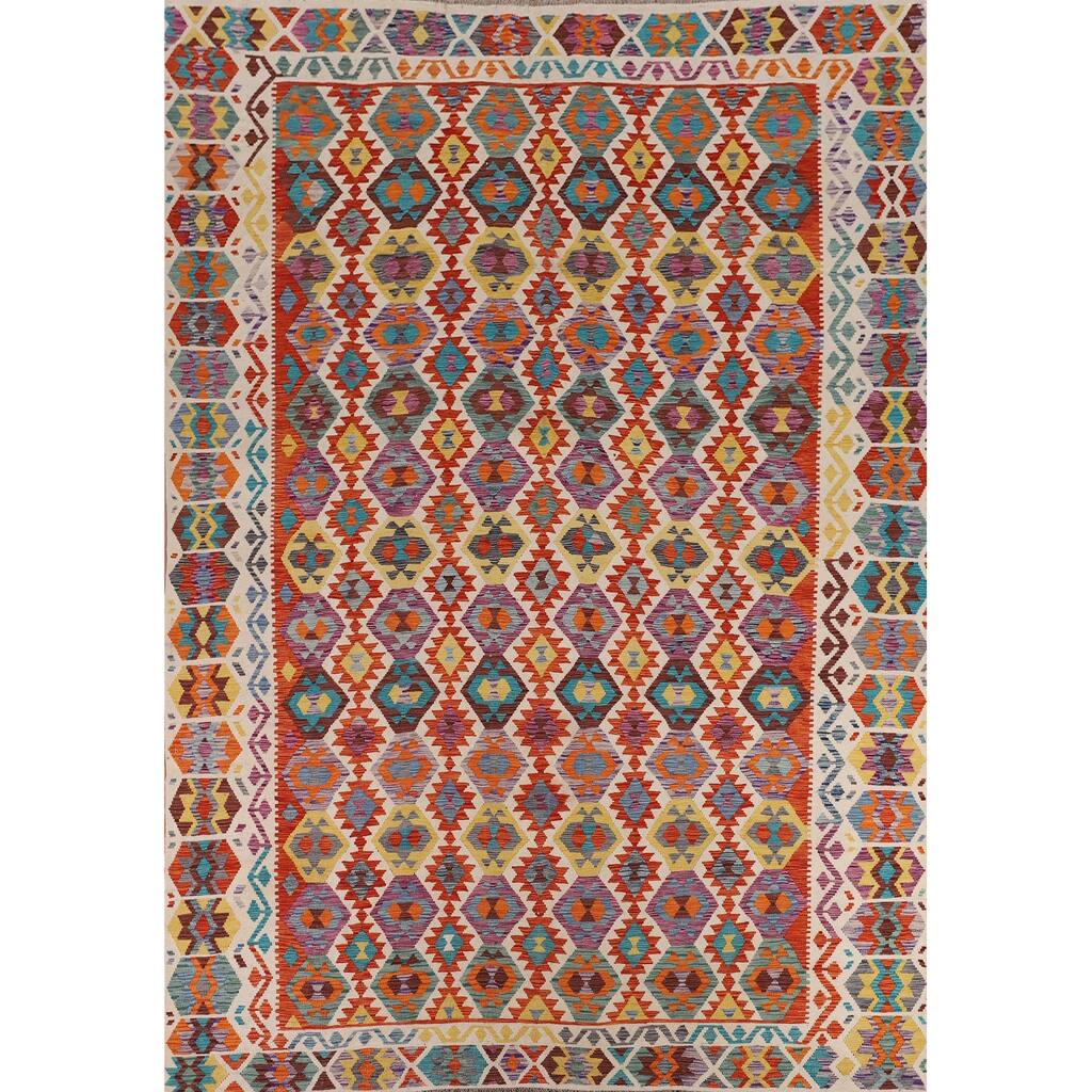 Colorful Kilim Oriental Area Rug Flatweave Wool Carpet - 10'2" x 12'10"