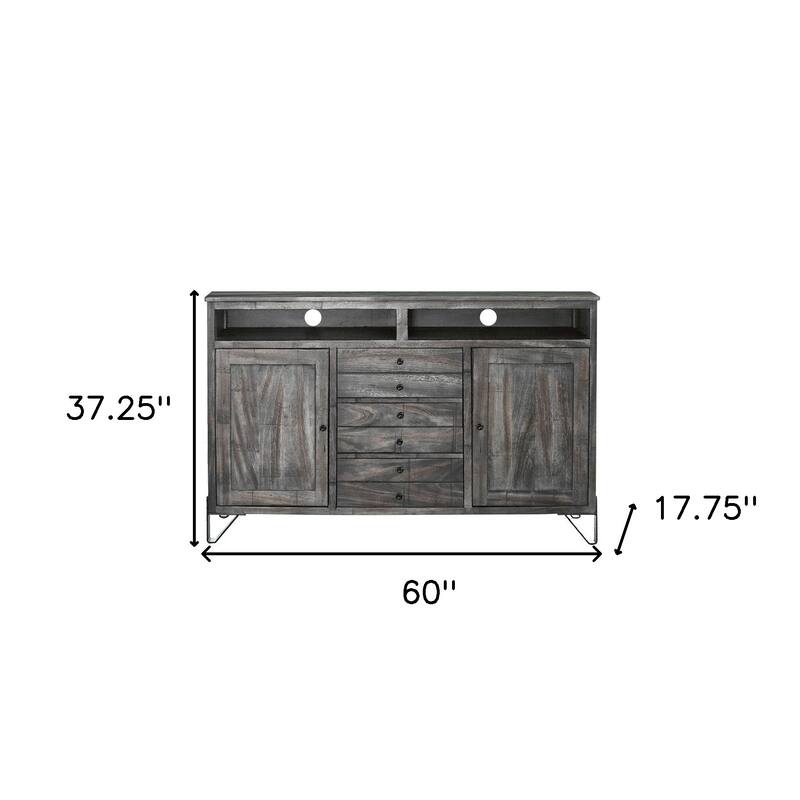 HomeRoots 60" Gray Solid Wood Cabinet Enclosed Storage Distressed TV Stand - 60' X '37.25' X '17.75