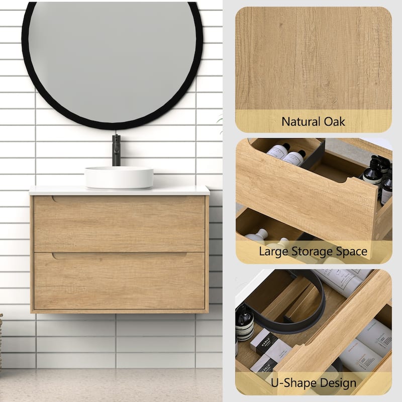 36" Solid Wood Bathroom Vanity with White Quartz Countertop Ceramic Square Sink