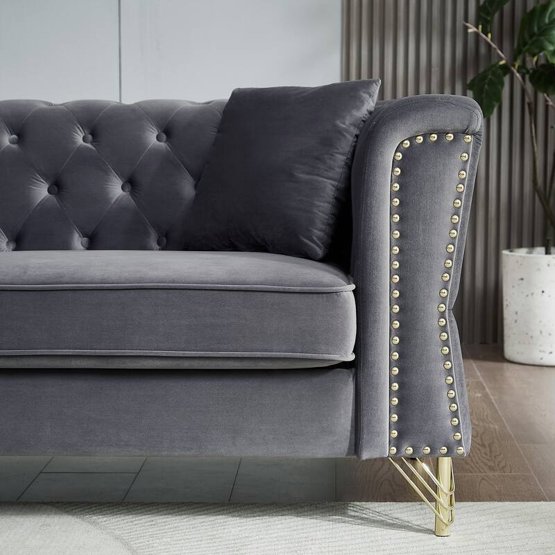60.2" Chesterfield Velvet Sofa, 2-Seater Tufted Couch with Nailhead Trim and Metal Legs, Ideal for Living Room