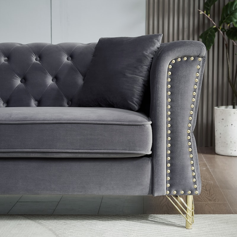 Grey 81.8" Velvet 3-seater Sofa with Tufted Couch and Metal Foot for Living Room