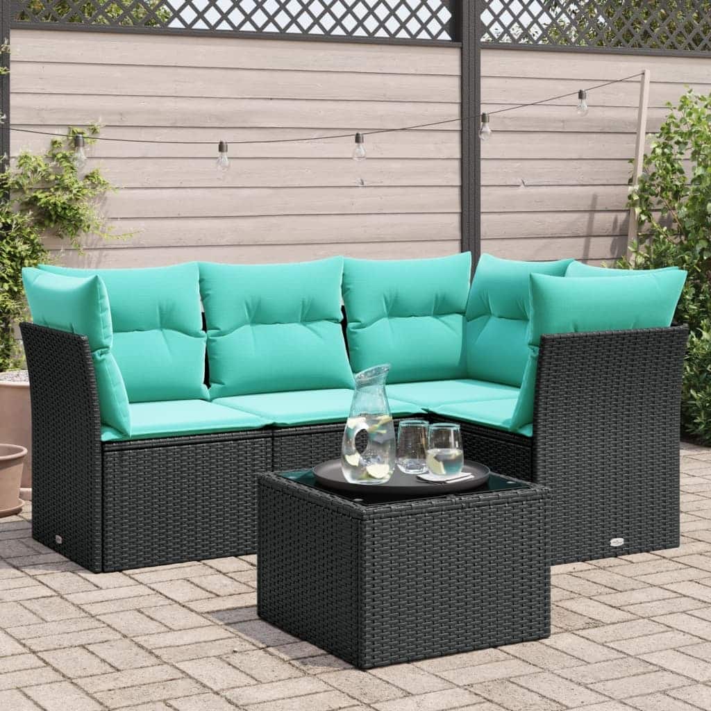 vidaXL 5 Piece Patio Sofa Set with Cushions Black Poly Rattan - 24.4 x 24.4 x 27.2