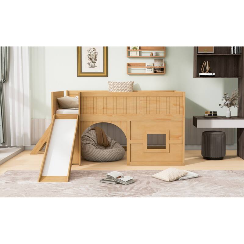 Roomfitters Full Low Loft Bed with Slide, Storage Shelves and Window Design