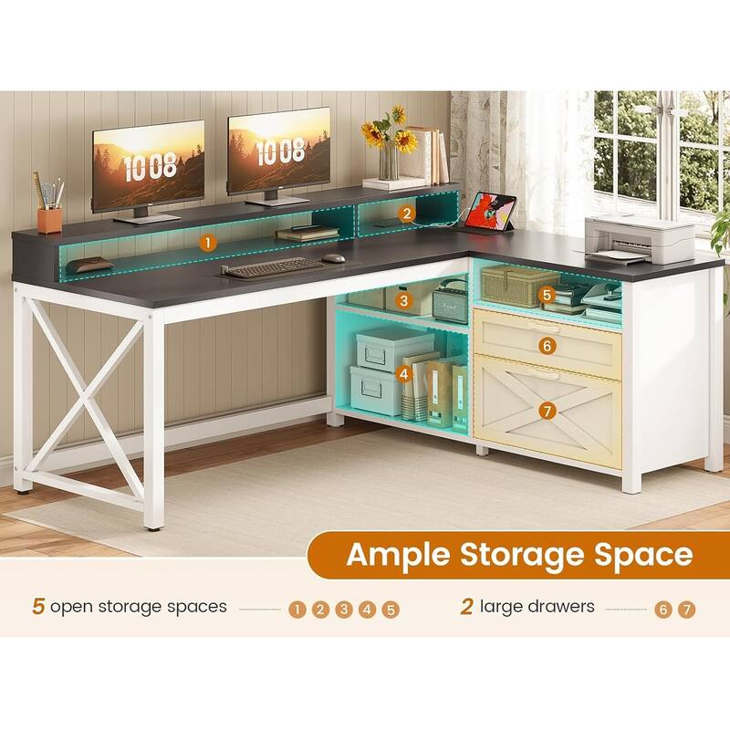 L Shaped Desk 55" Home Office Desk Drawers Storage Shelves