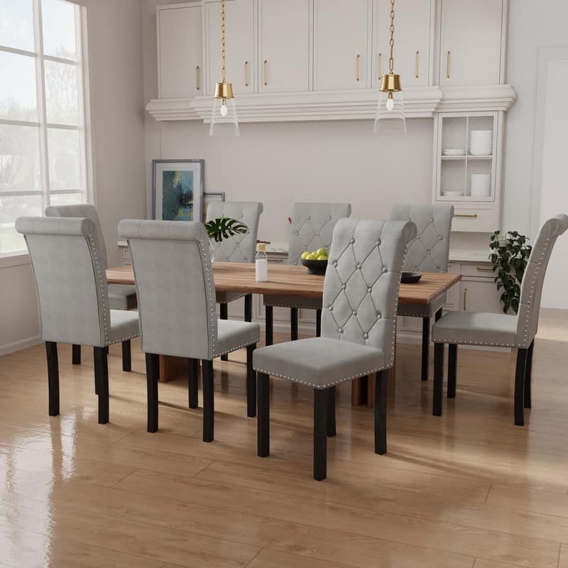 High-Back Tufted Nailhead Upholstered Dining Chairs (Set of 8) - Grey Linen