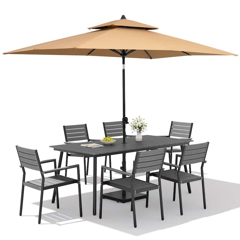 9PC Outdoor Patio Dining Set Wood-Like Aluminum Table with Stackable Armchairs,Double Top Market Umbrella and Wheel Base
