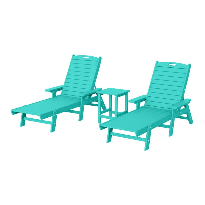 Laguna Hdpe All Weather Outdoor Patio Pool Reclining Chaise Lounges With Square Side Table (3-Piece Set) - Turquoise