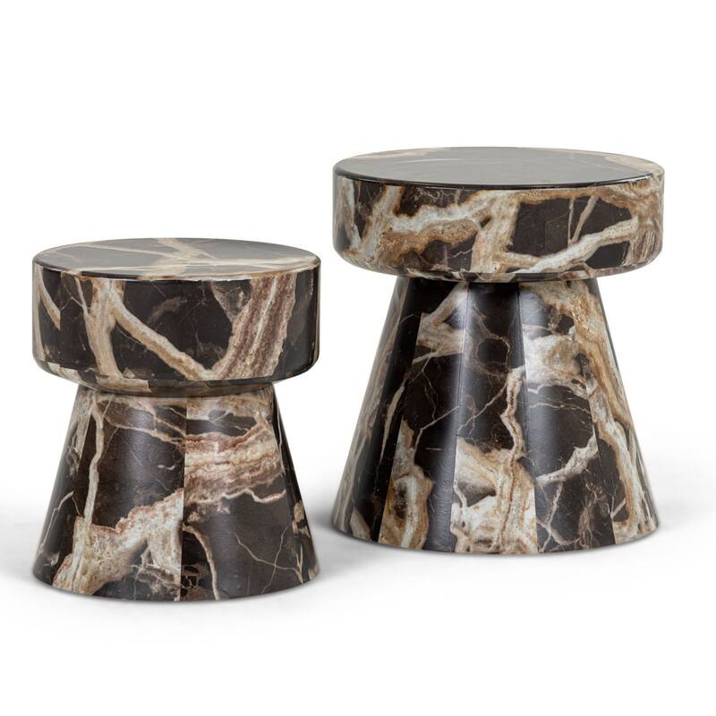 Cid Ria End Table Set of 2, Brown-White Faux Marble, Pedestal Base