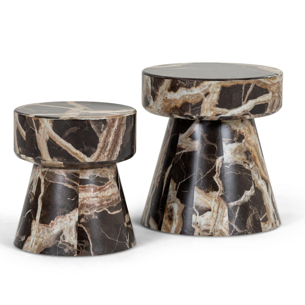 Cid Ria End Table Set of 2, Brown-White Faux Marble, Pedestal Base