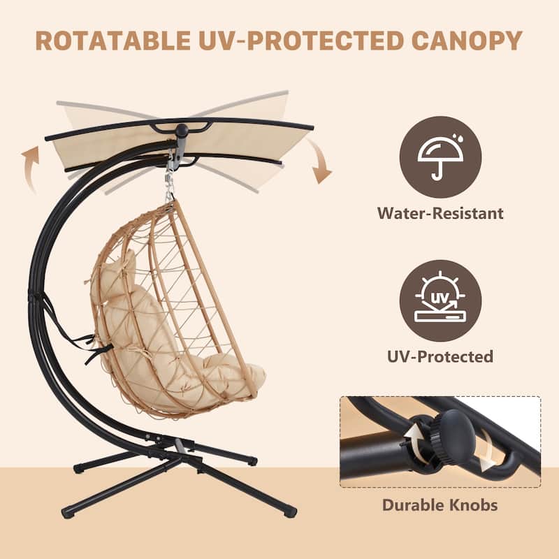 Double Hanging Egg Chair with Adjustable Canopy - Outdoor Swing Chair with Stand, Cushions & Pillows - Wicker Rattan Hammock.