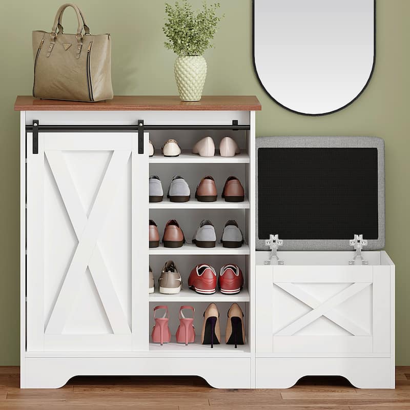 Farmhouse Entryway Shoe Bench with Storage and Cushioned Seating - White Sliding Door Cabinet - White