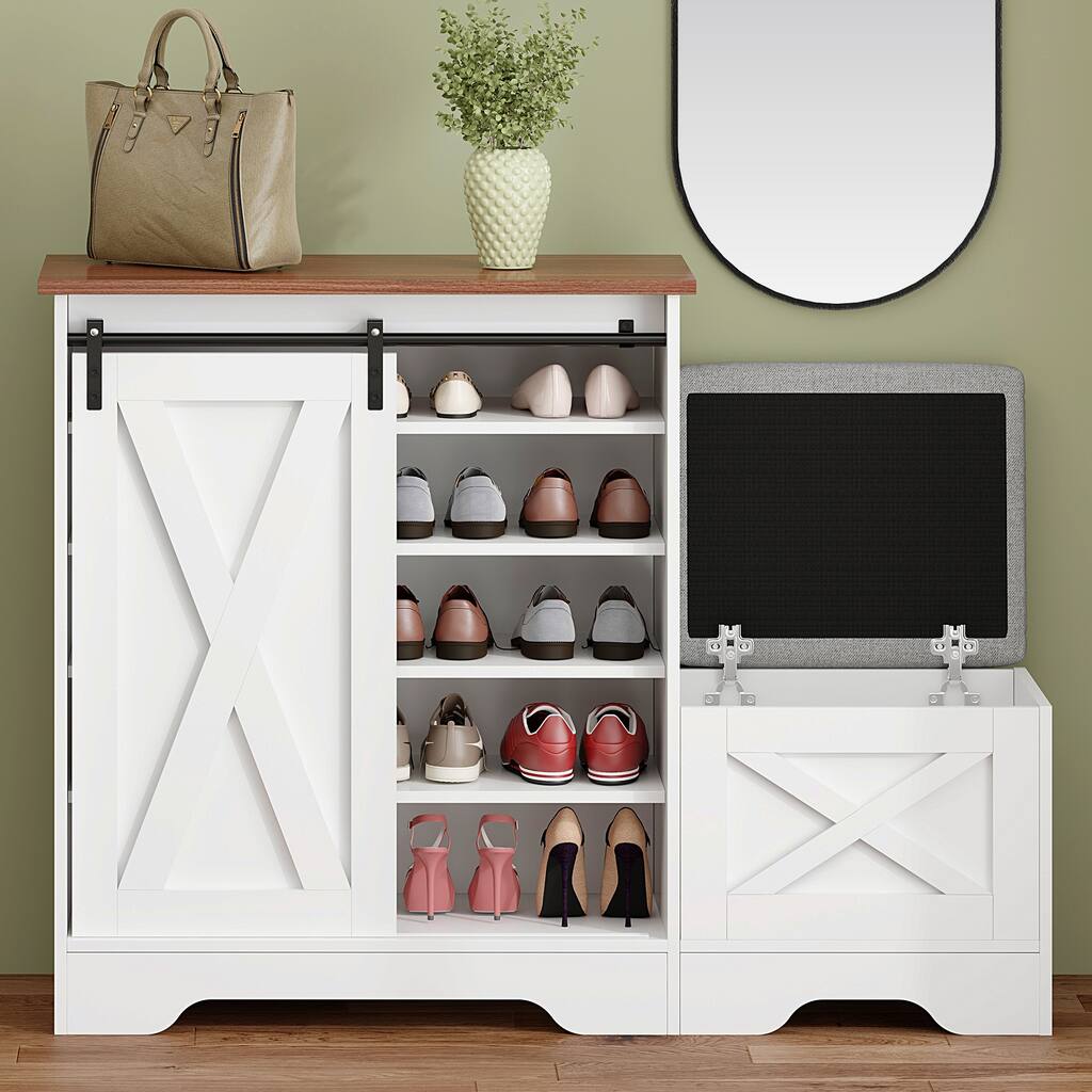 Farmhouse Entryway Shoe Bench with Storage and Cushioned Seating - White Sliding Door Cabinet