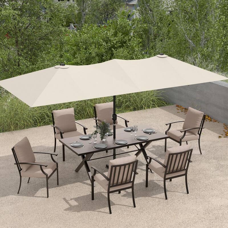 Kullavik 8 Pieces Outdoor Dining Set with 6 Single Chairs, X-Leg Table and Double-Sided Umbrella - Sand