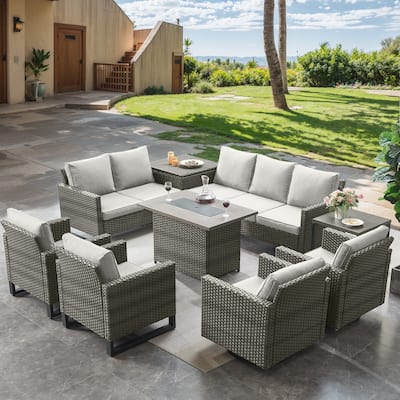 Fire Pit Table with Outdoor Patio Chair Sofa Table - Beige cushion - Grey