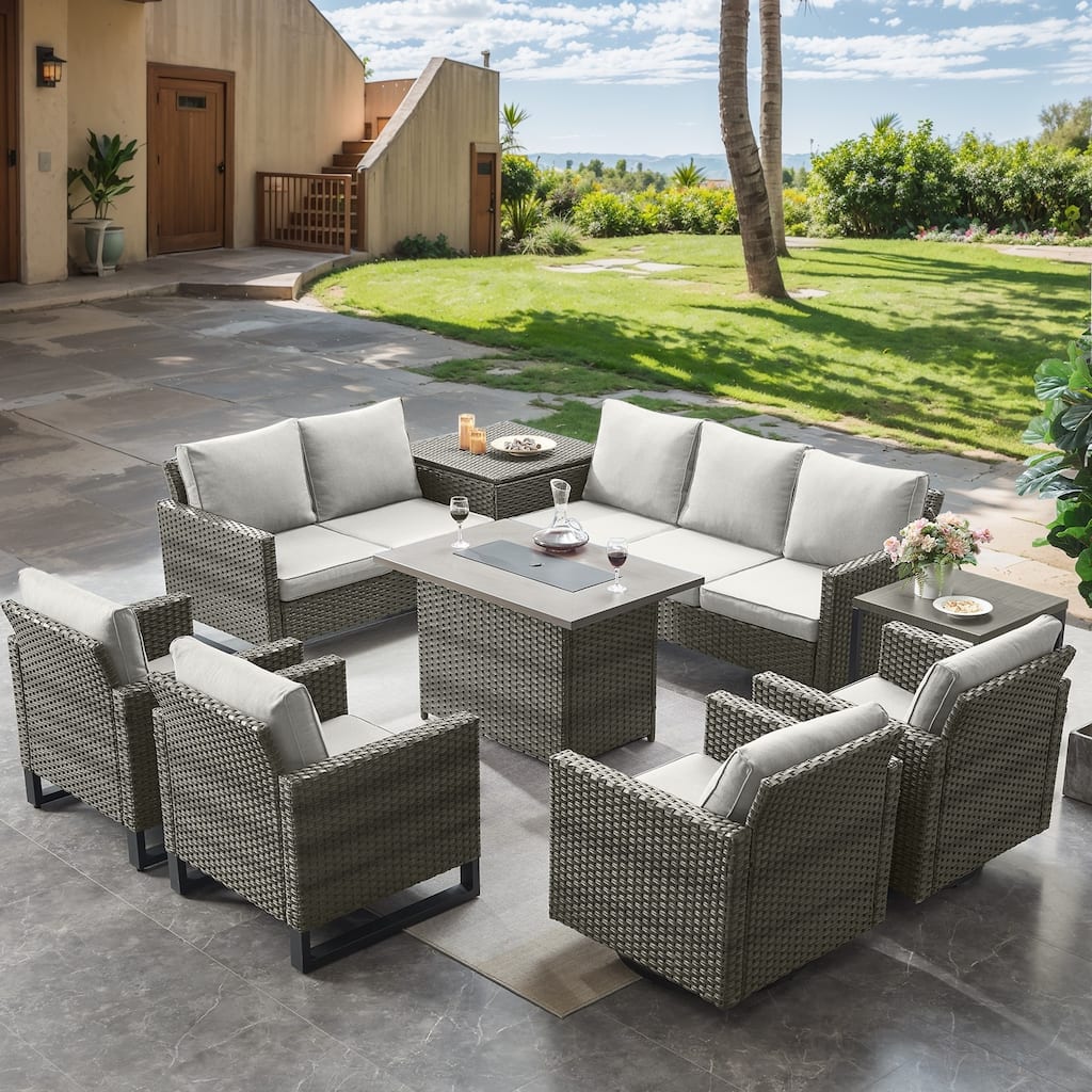 Fire Pit Table with Outdoor Patio Chair Sofa Table - Beige cushion - Grey