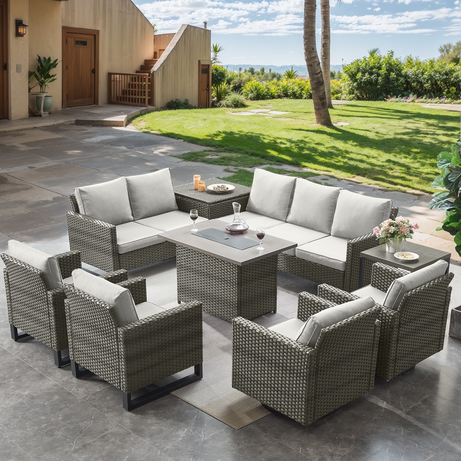 Fire Pit Table with Outdoor Patio Chair Sofa Table - Beige cushion - Grey