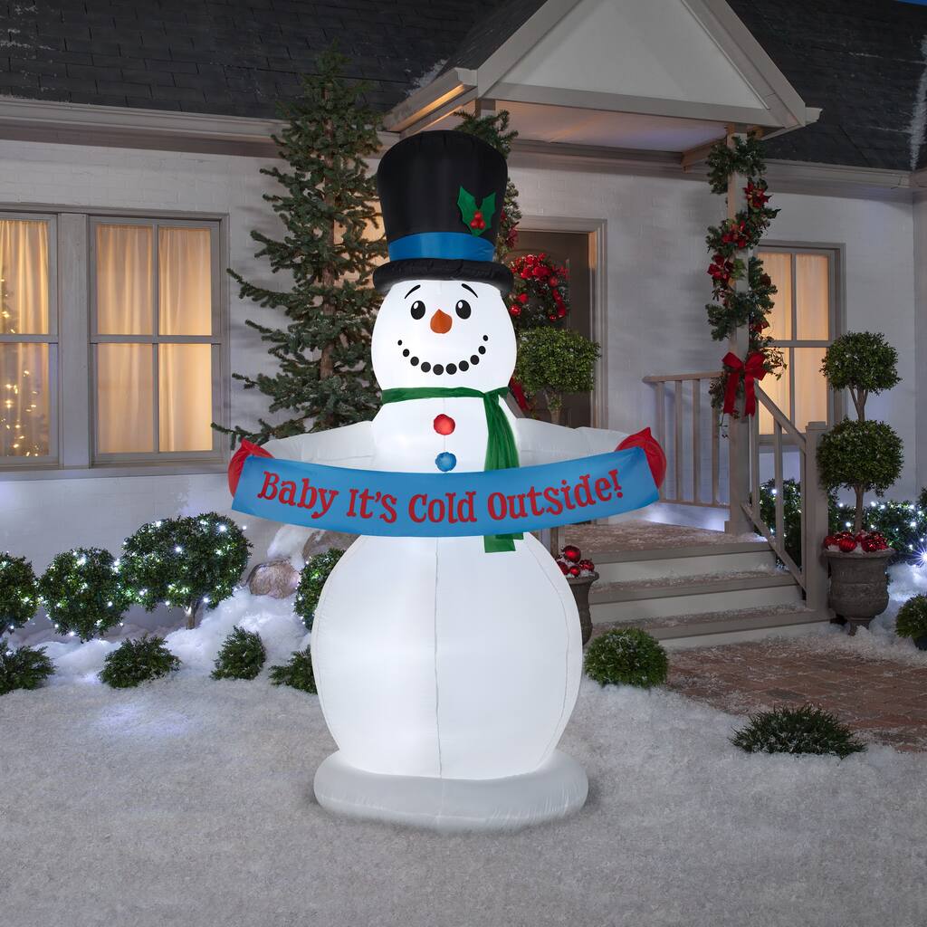 Gemmy Animated Christmas Airblown Inflatable Snowman w/Banner, 8 ft Tall, white