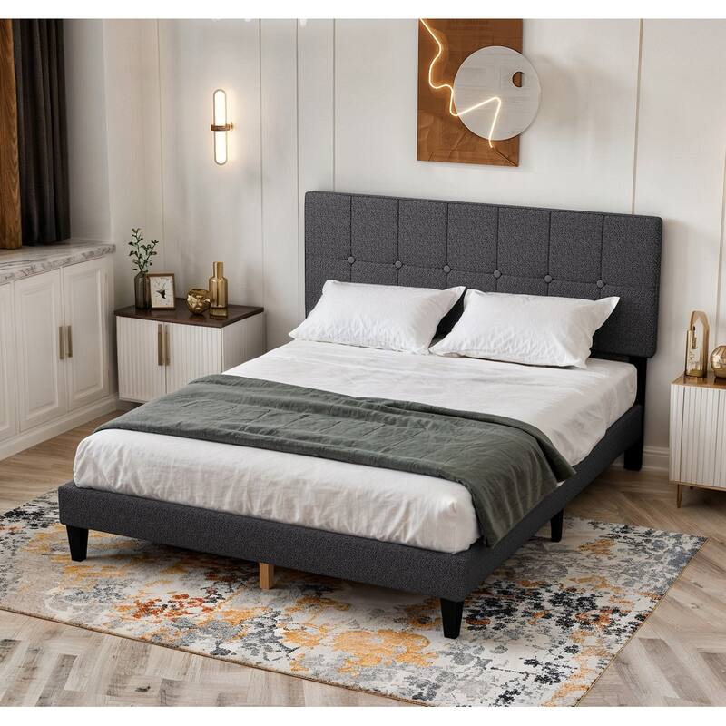 Twin Bed Frame Upholstered Platform with Headboard and Strong Wooden Slats,No Box Spring Needed, Easy Assembly