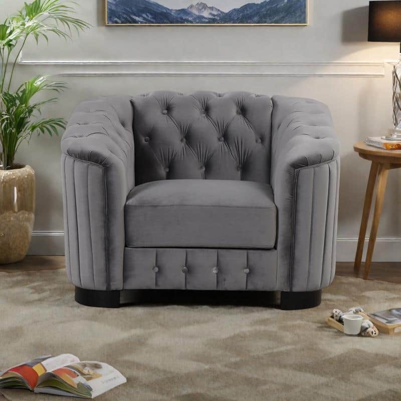Velvet Modern Accent Sofa Chair with Thick Removable Cushion, Tufted Back, and Solid Wood Legs - Gray