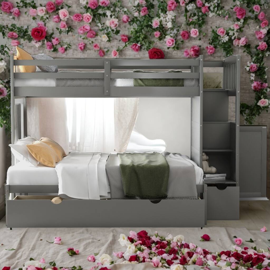 3 Beds In 1 Twin Over Full/Twin Bunk Bed with Shelves And Drawers