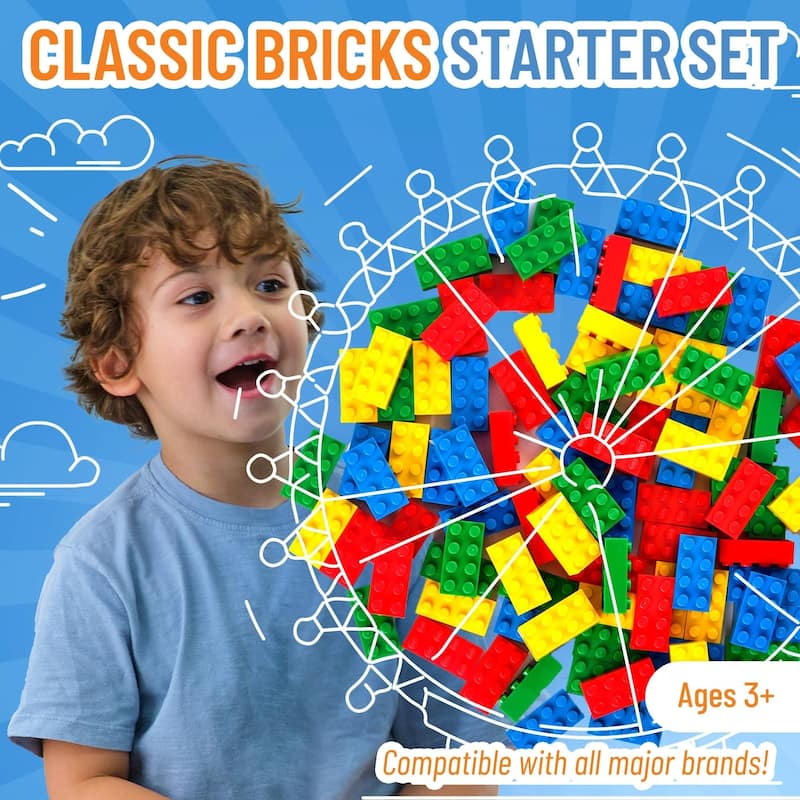 Strictly Briks Classic Bricks Kit, Blue, Green, Red, Yellow, 96 Pieces, Compatible with Major Brick Brands