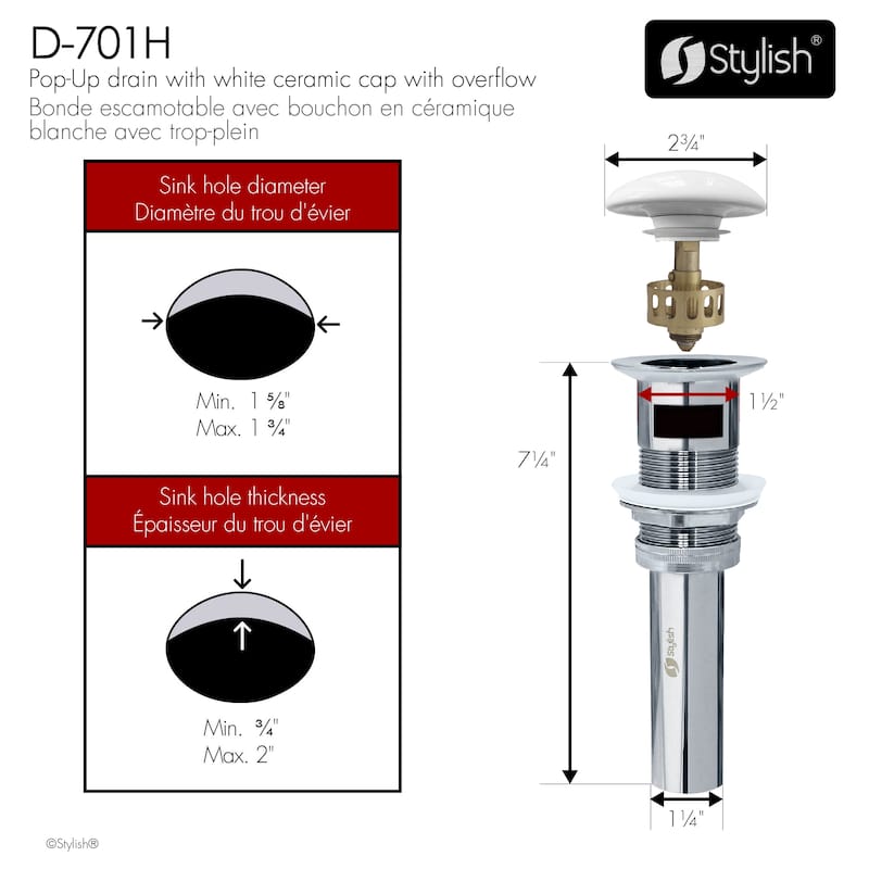 STYLISH Pop-Up Bathroom Sink Drain with Overflow D-701