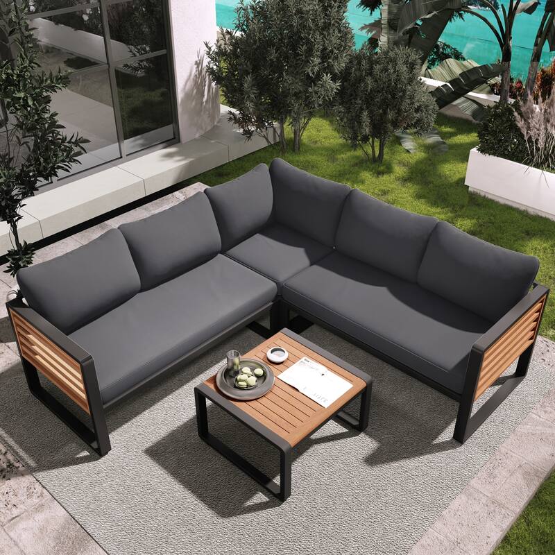 4 Pieces Outdoor Patio Conversation Set, Metal and Wood Frame Sectional L-shaped Sofa with Soft Cushion and Coffee Table