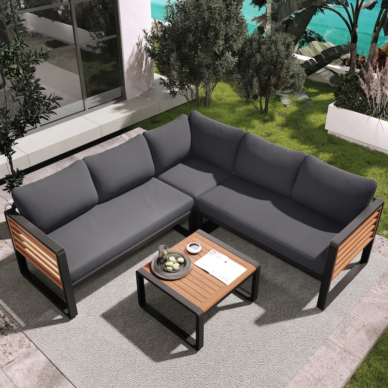4 Pieces Outdoor Patio L-shaped Sofa Conservation Set w/ Soft Cushion & a Coffee for Garden, Backyard, Porch & Deck, Beige
