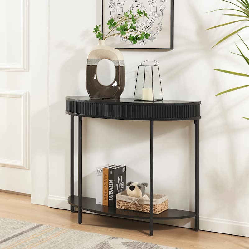 Fluted Half Moon Console Table, Modern 2-Tier Black Entryway Console for Living Room Hallway Foyer