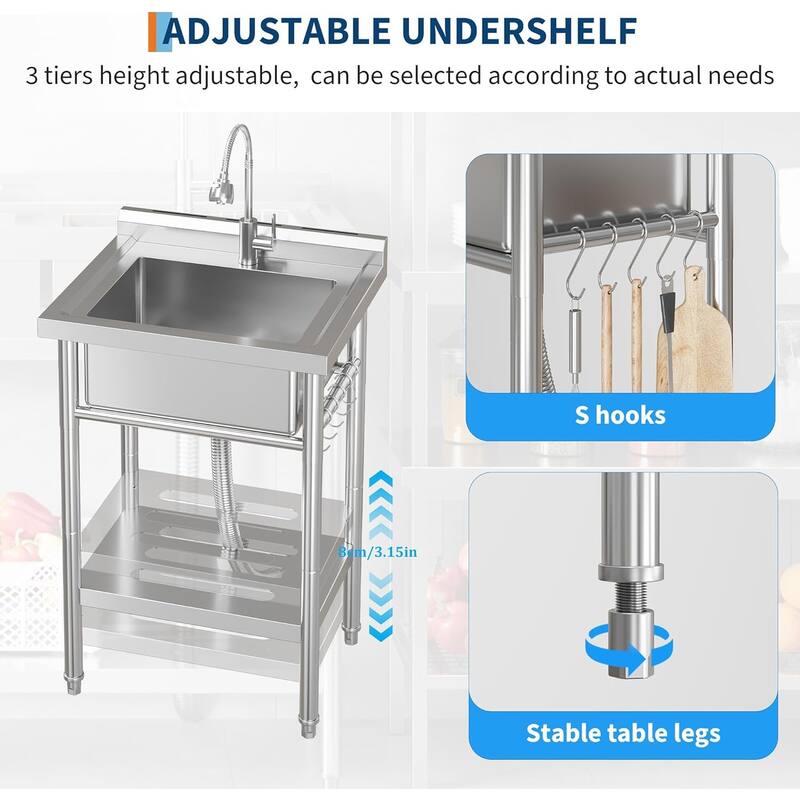 Freestanding Single Bowl Commercial Sink with Adjustable Legs, Storage Shelf, S-Hooks